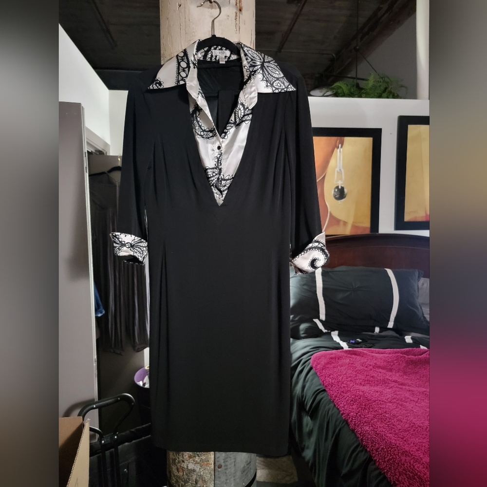 Cache Black Dress with pastel print collar n bust area above the knee w/a belt